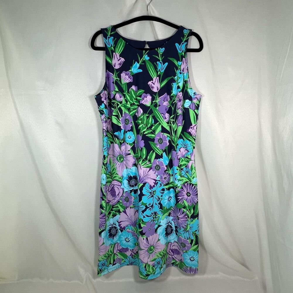 Talbots Floral Shift Dress Size L Sleeveless Navy Purple Aqua Green Keyhole Back